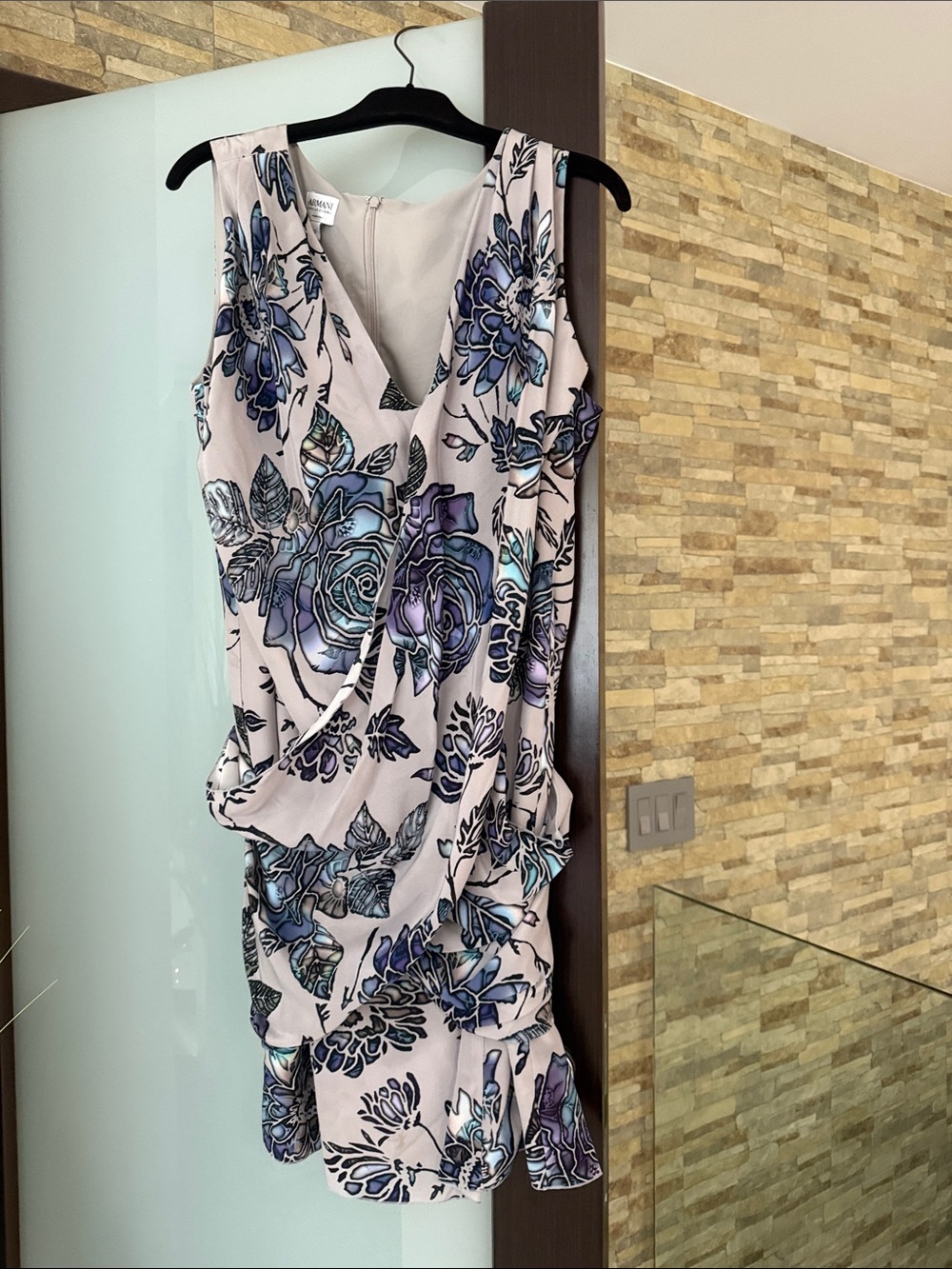 Armani coleziomi -Floral Wrap-Style Sleeveless Dress - Blue Floral on Light Pink